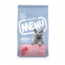 AlphaPet Menu Сухой полнорационный корм с говядиной для взрослых кошек и котов 1,5кг