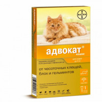 Bayer Капли Адвокат от клещей, блох и гельминтов для кошек с весом до 4 кг - 1 пипетка...