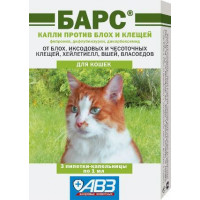 Капли для кошек АВЗ БАРС инсектоакарицидные от блох и клещей 3 пипетки
